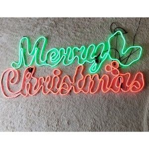 36" LIGHT GLO MERRY CHRISTMAS SIGN Display NEON LOOK Green and Red Holly